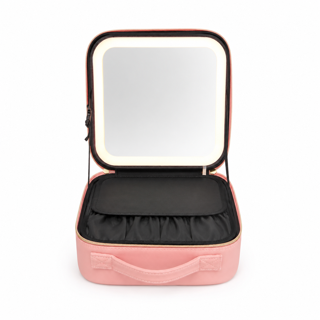 Portable Makeup Organizer Bag with LED Mirror – Pink