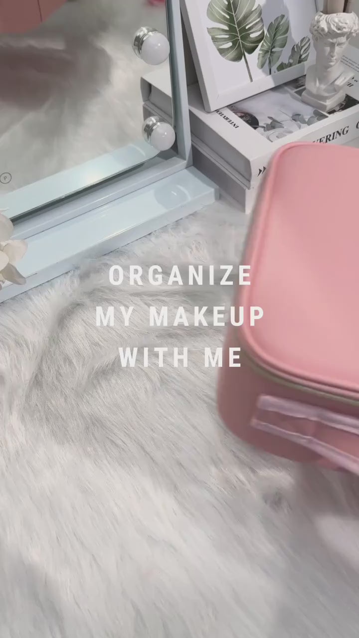 Portable Makeup Organizer Bag with LED Mirror – Pink