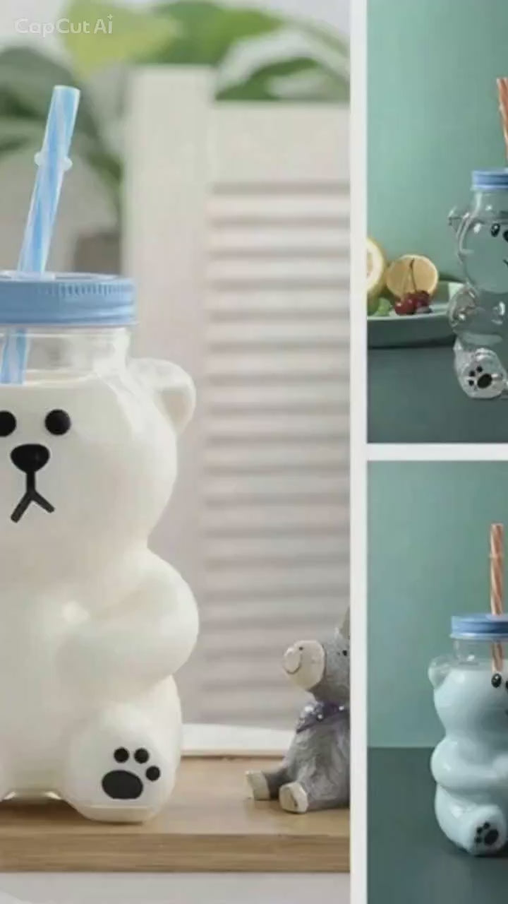 🐻 Cute Bear Straw Tumbler Cup • Reusable Drinking Jar • (Random Colour)